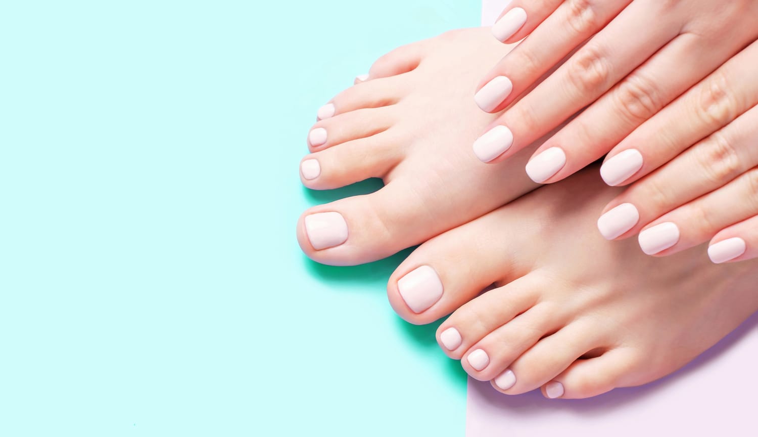 Hands and feet together on a blueish background